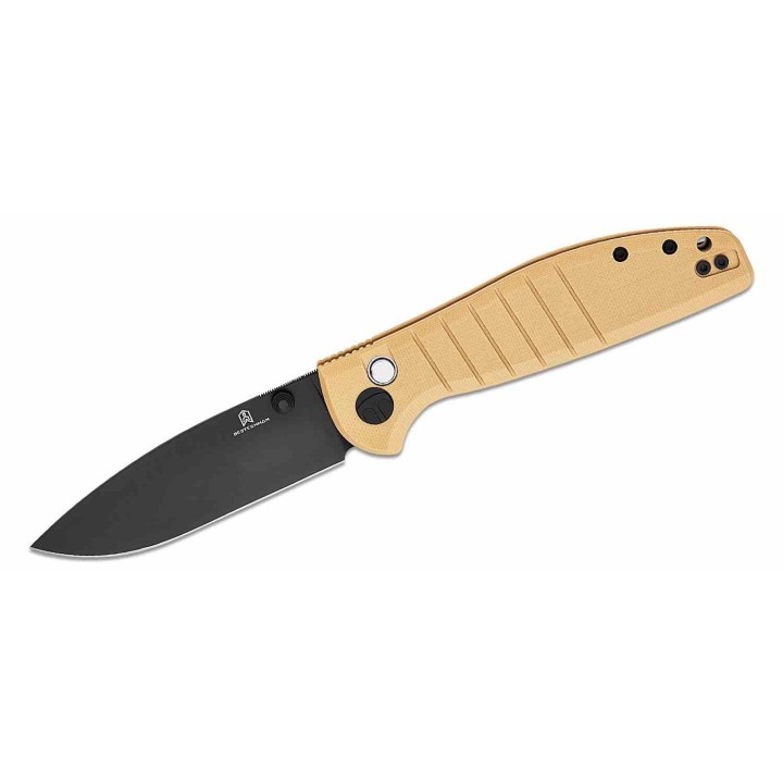Couteau Bestech Bestechman Goodboy Khaki Manche G10 Lame Acier D2 Gray DLC IKBS Button Lock Clip BTKMK04E - Livraison Gratuite