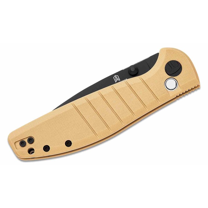 Couteau Bestech Bestechman Goodboy Khaki Manche G10 Lame Acier D2 Gray DLC IKBS Button Lock Clip BTKMK04E - Livraison Gratuite