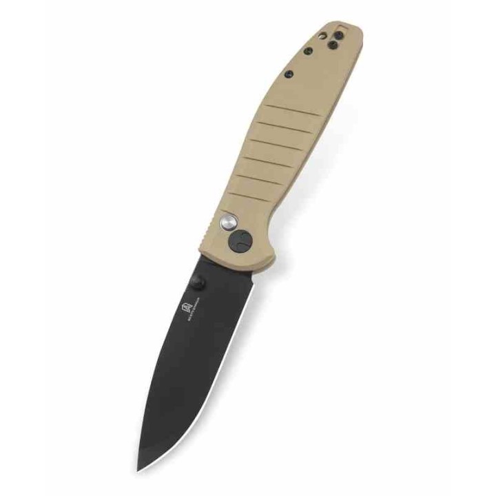 Couteau Bestech Bestechman Goodboy Khaki Manche G10 Lame Acier D2 Gray DLC IKBS Button Lock Clip BTKMK04E - Livraison Gratuite
