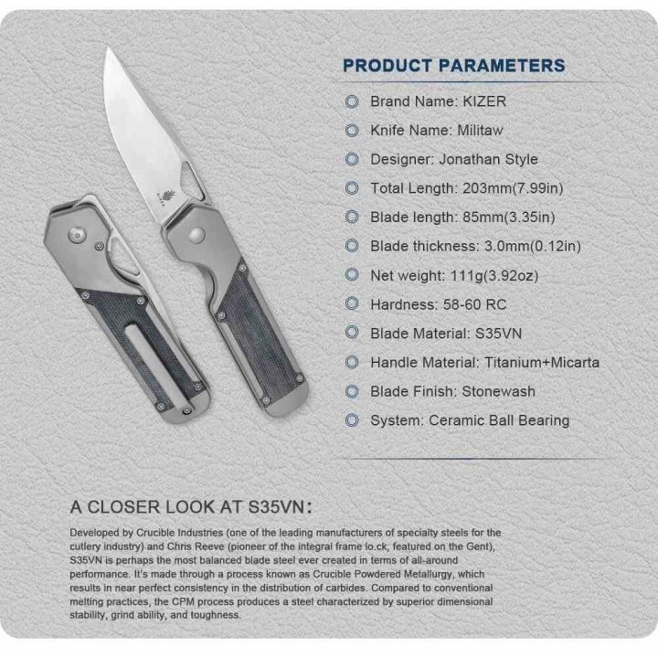 Couteau Kizer Militaw Manche Titane/Micarta Lame Acier S35VN Satin IKBS Framelock Clip KI3634A1 - Livraison Gratuite
