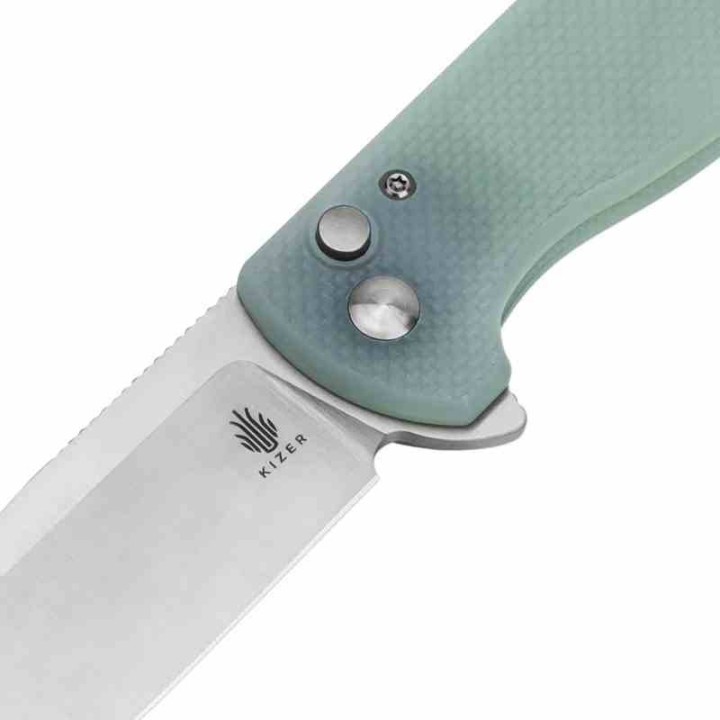 Couteau Kizer Amicus Jade Manche G10 Lame Acier 9Cr18MoV Satin IKBS Button Lock Clip KIL3002A2 - Livraison Gratuite