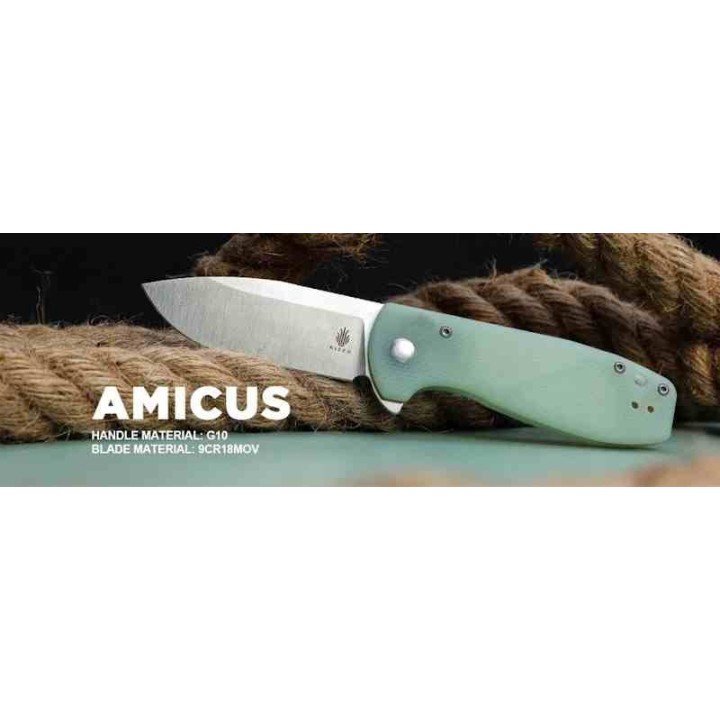 Couteau Kizer Amicus Jade Manche G10 Lame Acier 9Cr18MoV Satin IKBS Button Lock Clip KIL3002A2 - Livraison Gratuite