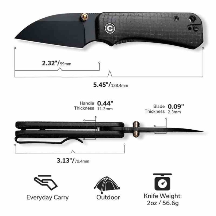 Couteau Civivi Baby Banter Wharncliffe Lame Acier Nitro-V Black Manche Black Micarta IKBS Clip CIVC19068SC1 - Livraison Gratuite
