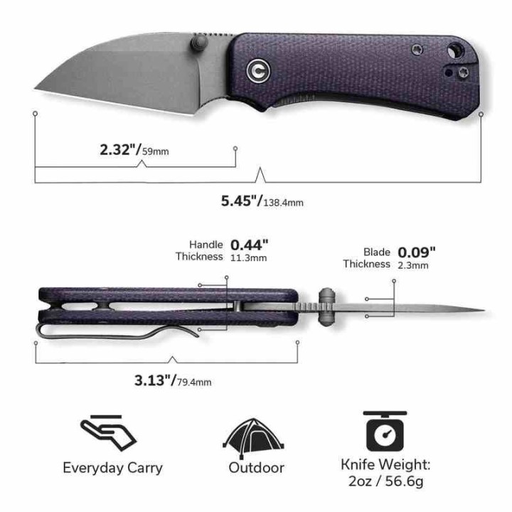 Couteau Civivi Baby Banter Wharncliffe Lame Acier Nitro-V Stonewash Manche Purple Micarta IKBS CIVC19068SC2 - Livraison Gratuite