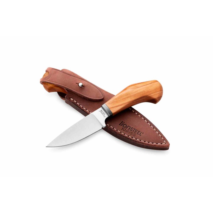 Couteau LionSteel Willy Olive Wood Lame Acier M390 Manche Bois d'Olivier Etui Cuir Italy LSTWL1UL - Livraison Gratuite