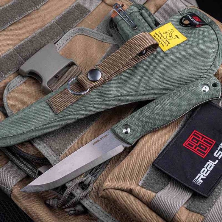 Couteau Real Steel Pathfinder Brown Manche Micarta Lame Acier 14C28N Etui Green Nylon RS3851B - Livraison Gratuite