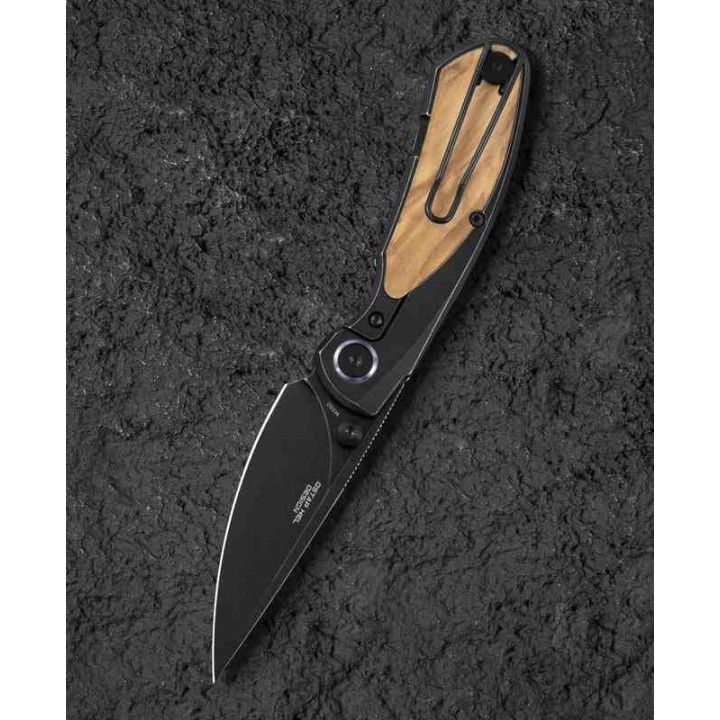 Couteau Bestech Lito Olive Lame Acier M390 Blackwash Manche Titane/Bois IKBS Framelock Clip BTKT2307C - Livraison Gratuite