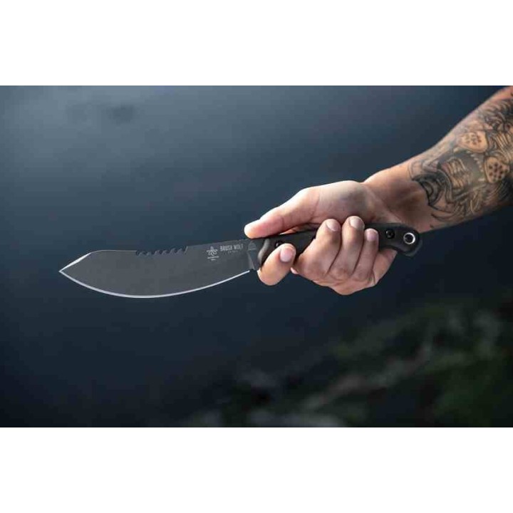 Couteau Tops Brush Wolf Lame Acier Carbone 1095 Manche Green Micarta Etui Cuir Made USA TPBWLF02 - Livraison Gratuite