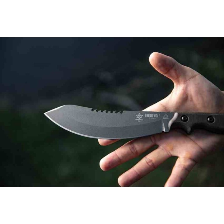 Couteau Tops Brush Wolf Lame Acier Carbone 1095 Manche Green Micarta Etui Cuir Made USA TPBWLF02 - Livraison Gratuite