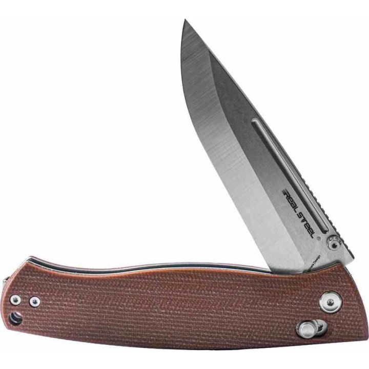 Couteau Real Steel Pathfinder Brown Lame Acier 14C28N Scandi Manche Micarta AXIS/Crossbar Lock Clip RS7851B - Livraison Gratuite