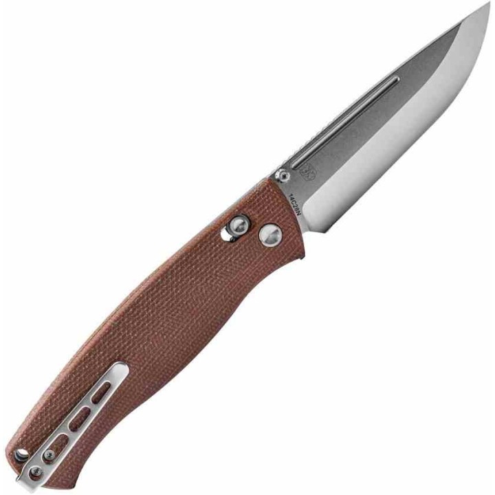 Couteau Real Steel Pathfinder Brown Lame Acier 14C28N Scandi Manche Micarta AXIS/Crossbar Lock Clip RS7851B - Livraison Gratuite