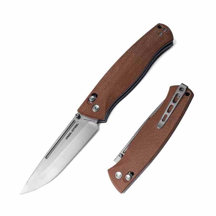 Couteau Real Steel Pathfinder Brown Lame Acier 14C28N Scandi Manche Micarta AXIS/Crossbar Lock Clip RS7851B - Livraison Gratuite