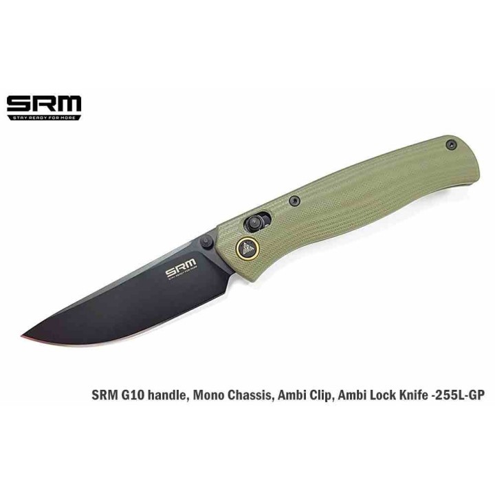 Couteau SRM Knives 255L-GP2 Green Lame Acier 10Cr15CoMoV Manche G10 IKBS Clip Ambi Lock SRM255LGP2 - Livraison Gratuite