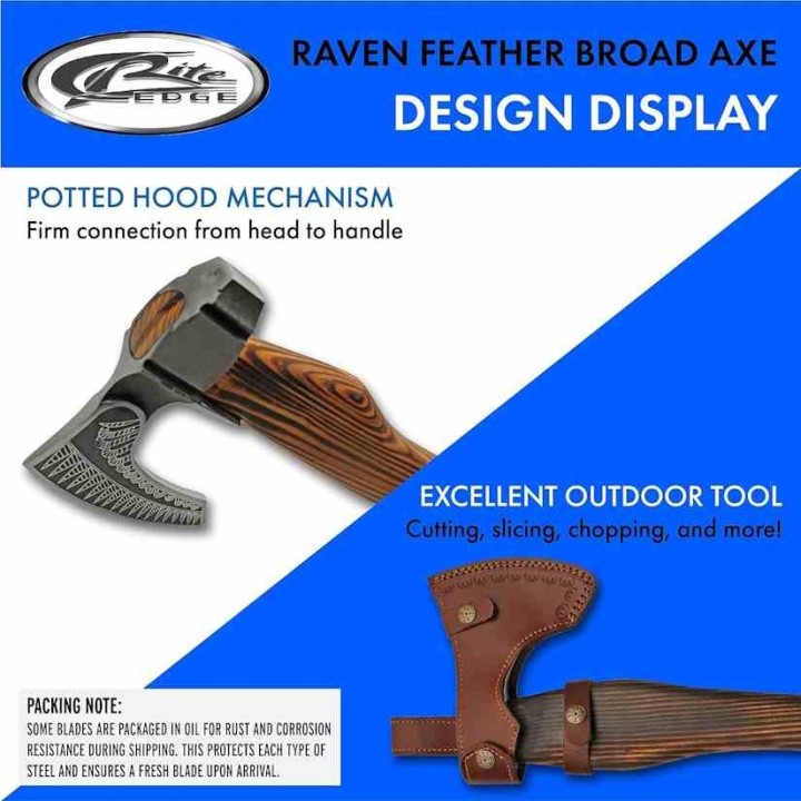 Hache de Viking Raven Feather Broadaxe Axe Lame Acier Inox Manche Bois Etui Cuir PA882455 - Livraison Gratuite