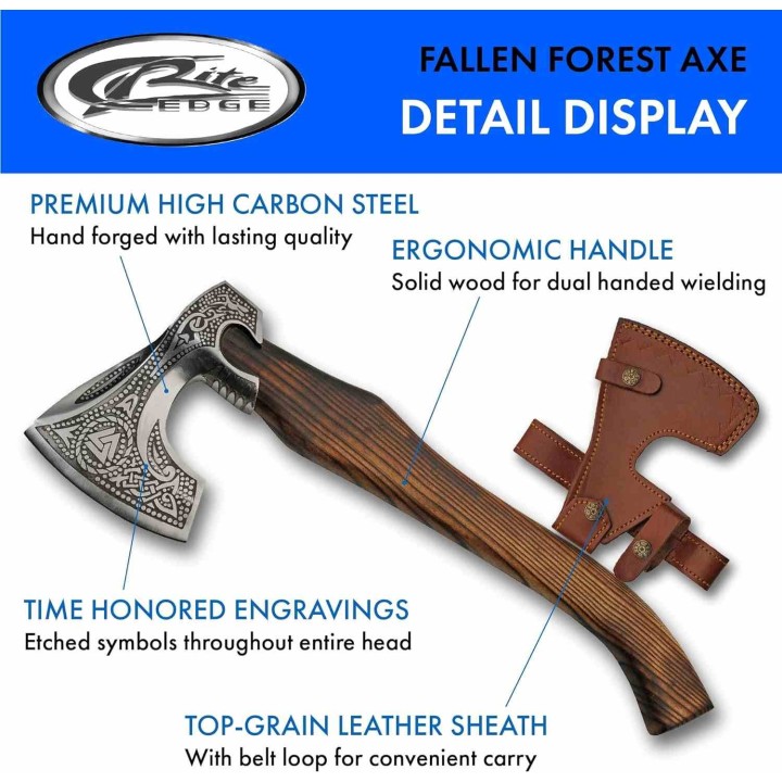 Grosse Hache Viking Fallen Forest Axe Lame Acier Carbone Manche Bois Etui Cuir PA882457 - Livraison Gratuite