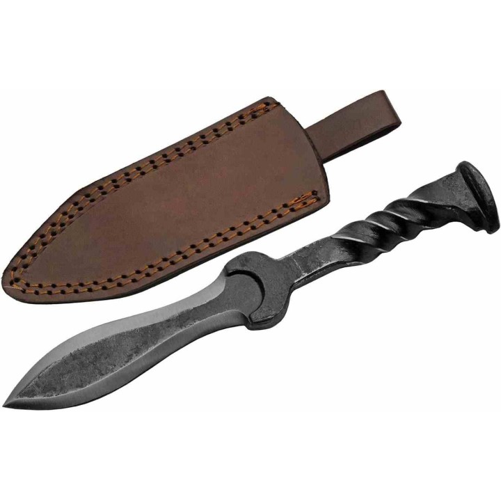 Dague Wrench Sgian Dubh Spike Medieval Forgée Dans un Clou de Rail Acier Carbone Etui Cuir PA4444 - Livraison Gratuite