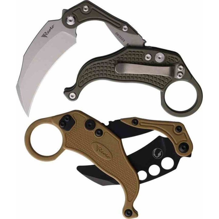 Set de 2 Karambits Reate Knives EXO-K Button Lock Manche Green Lame Acier N690 Blade Clip + Trainer REA118 - Livraison Gratuite