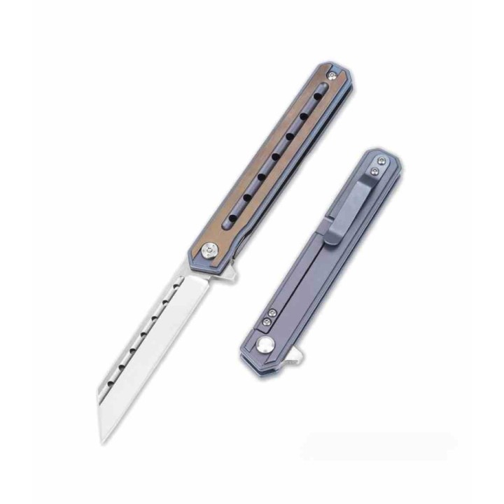 Couteau BucknBear Thunderbird Blue/Gold Manche Titane Lame Acier D2 IKBS Framelock Clip BNB1939D - Livraison Gratuite