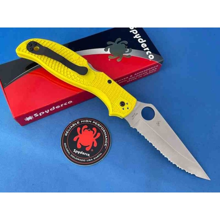 Couteau Spyderco Stretch 2 XL Salt Yellow Lame Acier H-2 Serr Manche FRN Lockback Made Japan SC258SYL - Livraison Gratuite