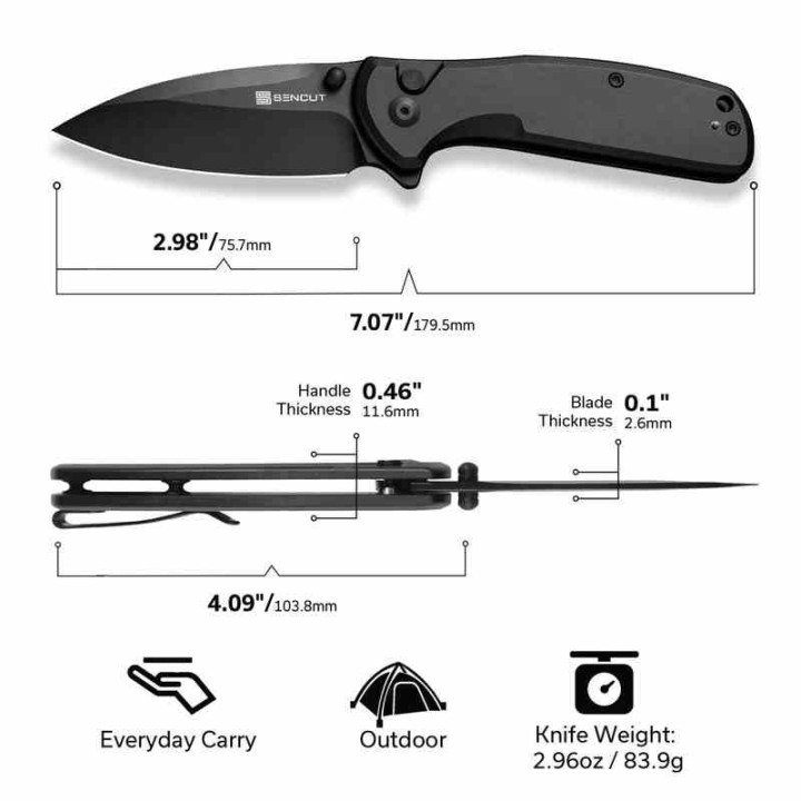 Couteau Sencut ArcBlast Black Lame Acier 9Cr18MoV Black Manche Alu Button Lock IKBS Clip S22043B1 - Livraison Gratuite