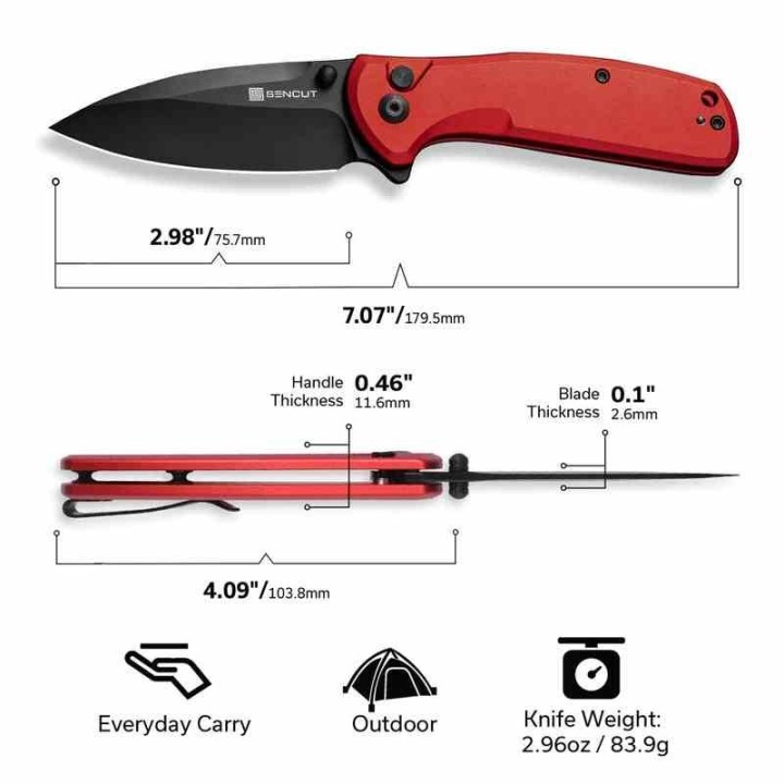 Couteau Sencut ArcBlast Red Lame Acier 9Cr18MoV Black Manche Alu Button Lock IKBS Clip S22043B4 - Livraison Gratuite