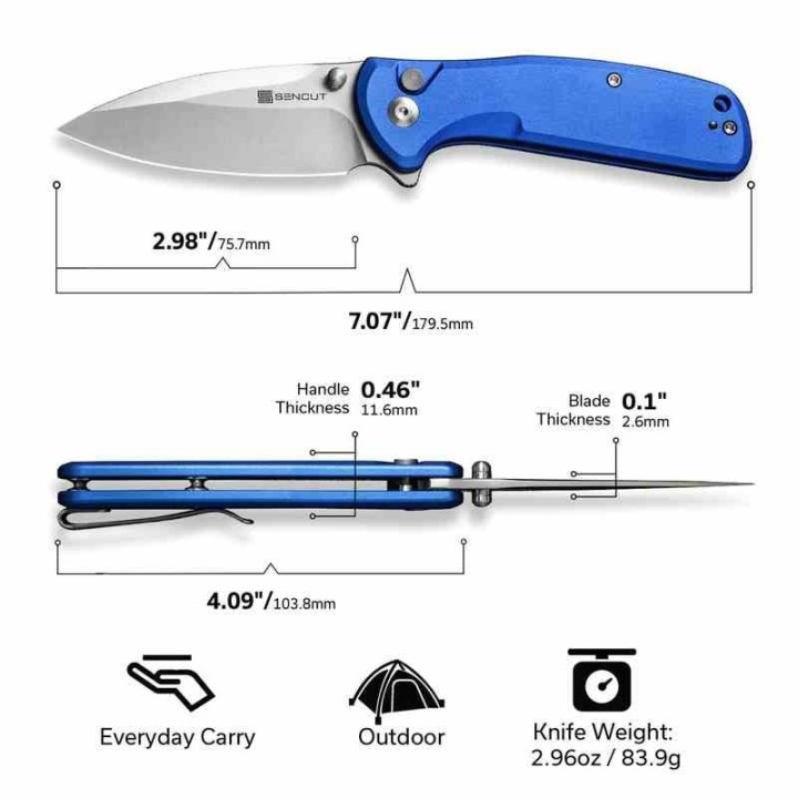 Couteau Sencut ArcBlast Blue Lame Acier 9Cr18MoV Satin Manche Alu Button Lock IKBS Clip S22043B3 - Livraison Gratuite
