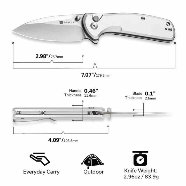 Couteau Sencut ArcBlast Silver Lame Acier 9Cr18MoV Satin Manche Alu Button Lock IKBS Clip S22043B2 - Livraison Gratuite