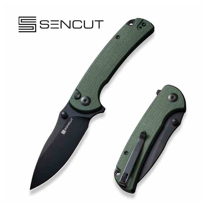 Couteau Sencut Pulsewave Green Lame Acier 9Cr18MoV Black Manche Micarta Button Lock IKBS Clip S230323 - Livraison Gratuite