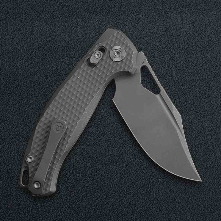 Couteau Kunwu Django Manche Titane Lame Acier Elmax Stonewash IKBS Button Lock Clip KUNX707T1S - Livraison Gratuite
