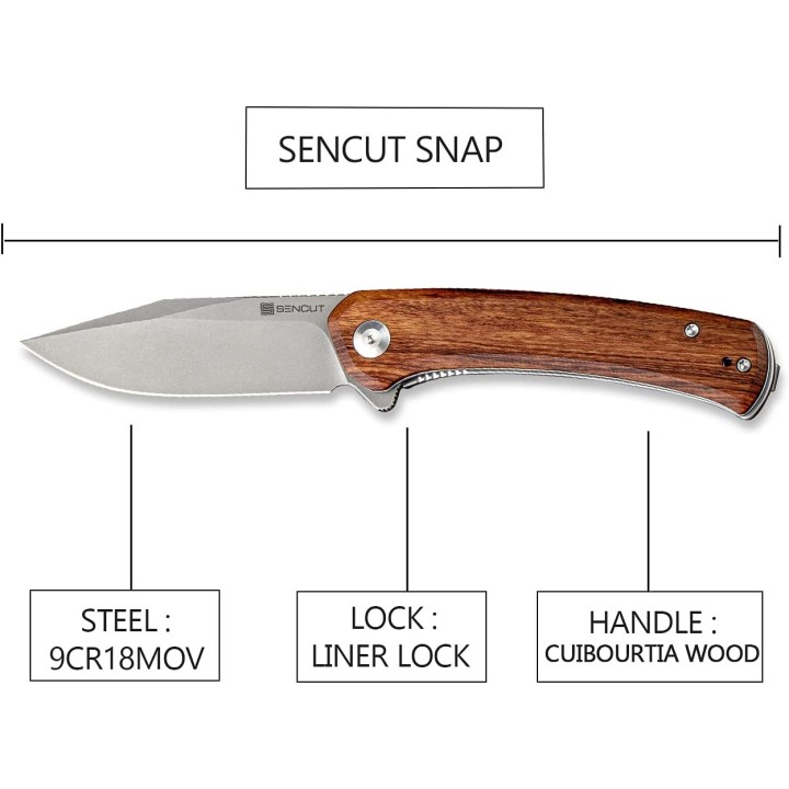 Couteau SENCUT Snap Cuiburtia Manche Wood Lame Acier 9Cr18MOB IKBS Linerlock CLip SA05DV1 - Livraison Gratuite