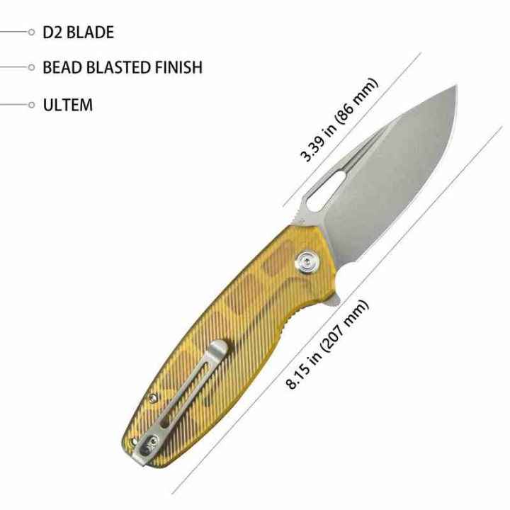 Couteau Kubey Tityus Ultem Lame Acier D2 Bead Blast Manche Yellow IKBS Linerlock Clip KUB322L - Livraison Gratuite