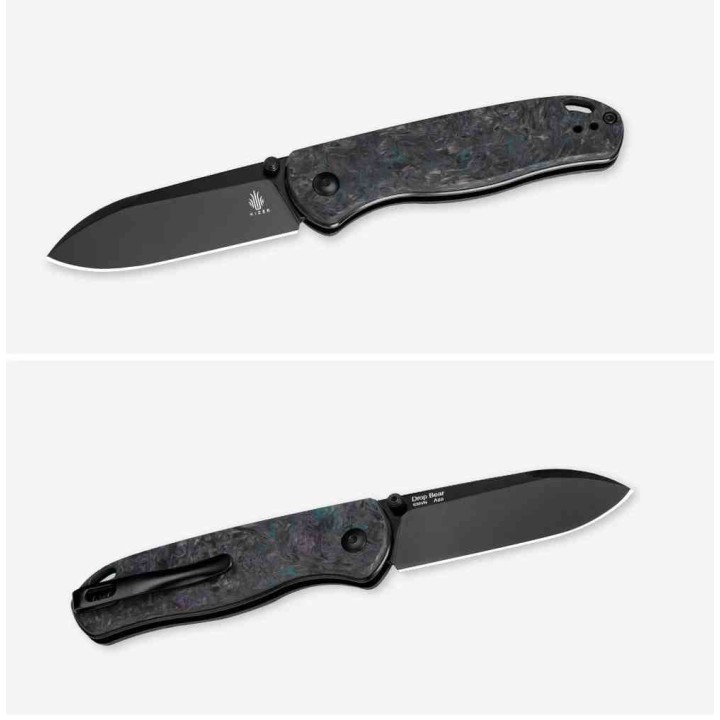 Couteau Kizer Drop Bear Lame Acier S35VN Black Manche Dark Blue FatCarbon AXIS Lock IKBS Clip KI3619A4 - Livraison Gratuite