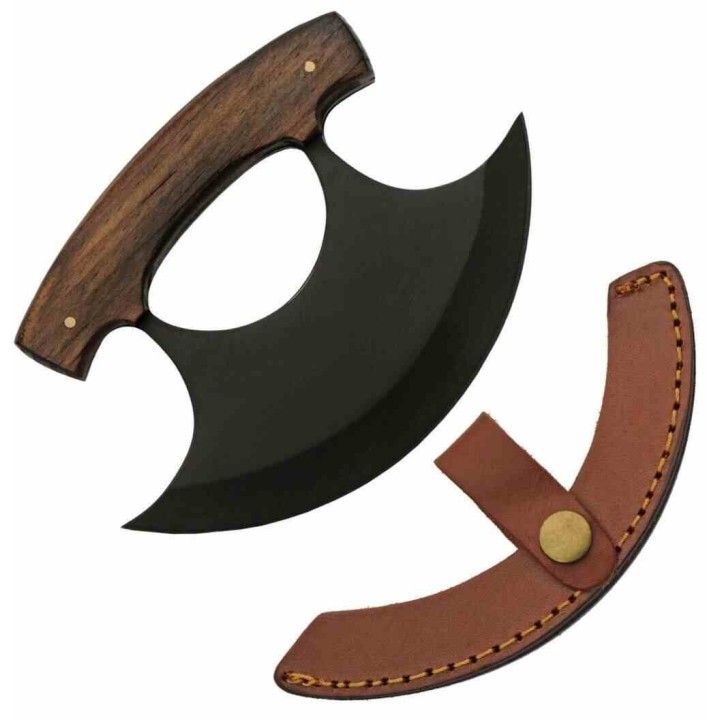 Couteau D'esquimau Ulu Inuit Lame Acier Inox Manche Bois Etui Cuir PA8026 - Livraison Gratuite