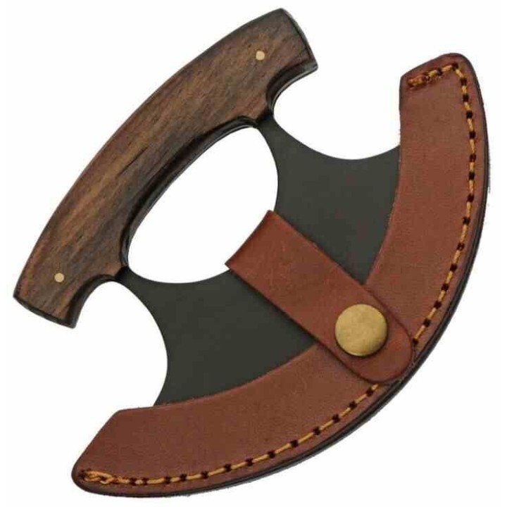 Couteau D'esquimau Ulu Inuit Lame Acier Inox Manche Bois Etui Cuir PA8026 - Livraison Gratuite
