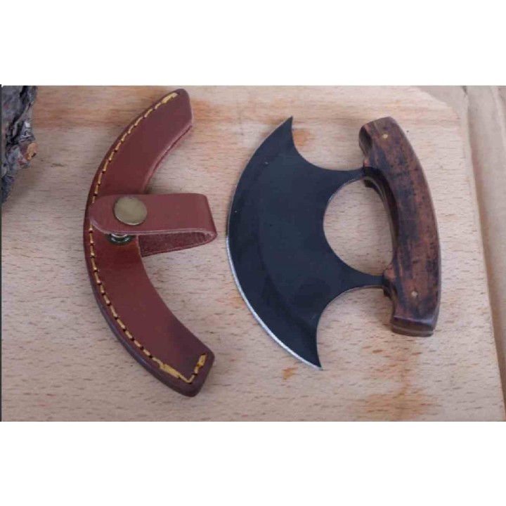 Couteau D'esquimau Ulu Inuit Lame Acier Inox Manche Bois Etui Cuir PA8026 - Livraison Gratuite
