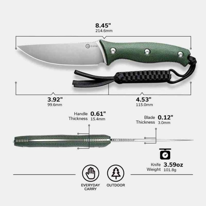 Couteau CIVIVI Stormridge Green Lame Acier Nitro-V Satin Manche Micarta Etui Kydex CIVC230413 - Livraison Gratuite