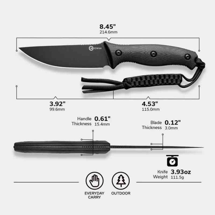 Couteau CIVIVI Stormridge Black Lame Acier Nitro-V Blackwash Manche G10 Etui Kydex CIVC230411 - Livraison Gratuite