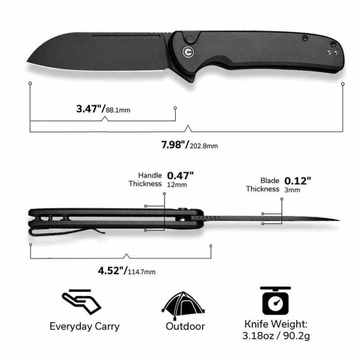 Couteau CIVIVI Chevalier II Black Lame Acier 14C28N Sheepsfoot Manche Alu IKBS Clip Button Lock CIVC20022B1 - Livraison Gratuite