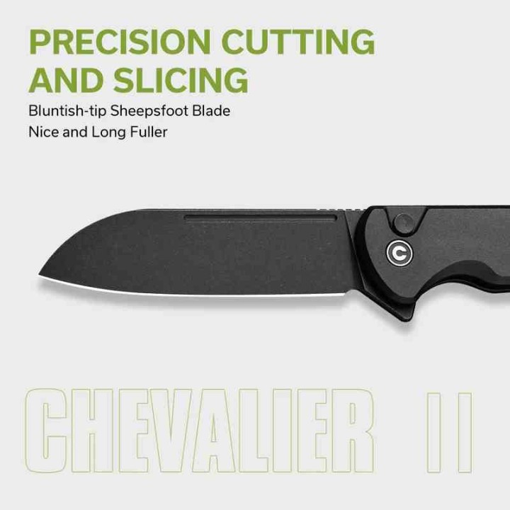 Couteau CIVIVI Chevalier II Black Lame Acier 14C28N Sheepsfoot Manche Alu IKBS Clip Button Lock CIVC20022B1 - Livraison Gratuite