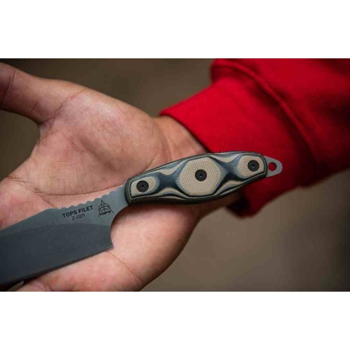 Couteau Tops Filet Lame Acier 154CM Manche Black/Tan G10 Etui OD Green Kydex Made USA TPFIL01 - Livraison Gratuite