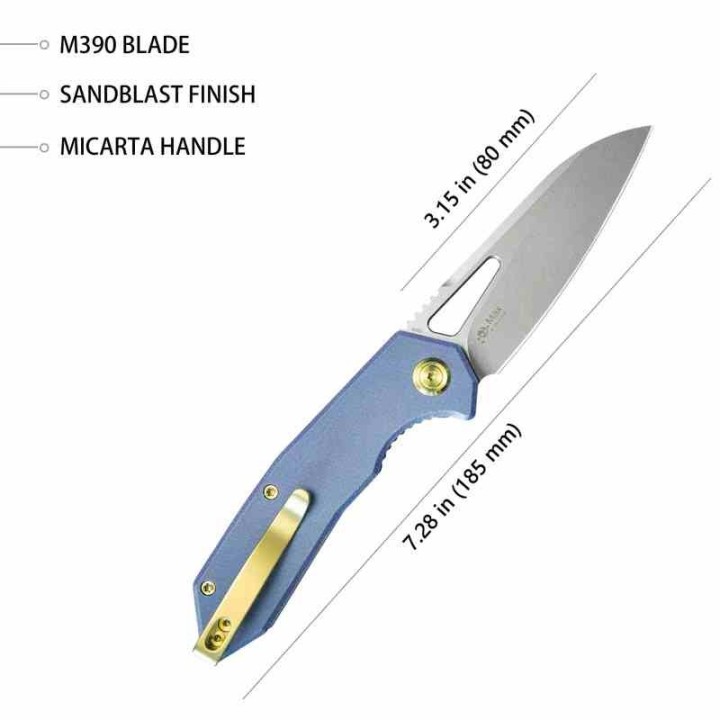 Couteau KUBEY Vagrant Blue Manche Micarta Lame Acier M390 Sandblast IKBS Linerlock Clip KUB291U - Livraison Gratuite