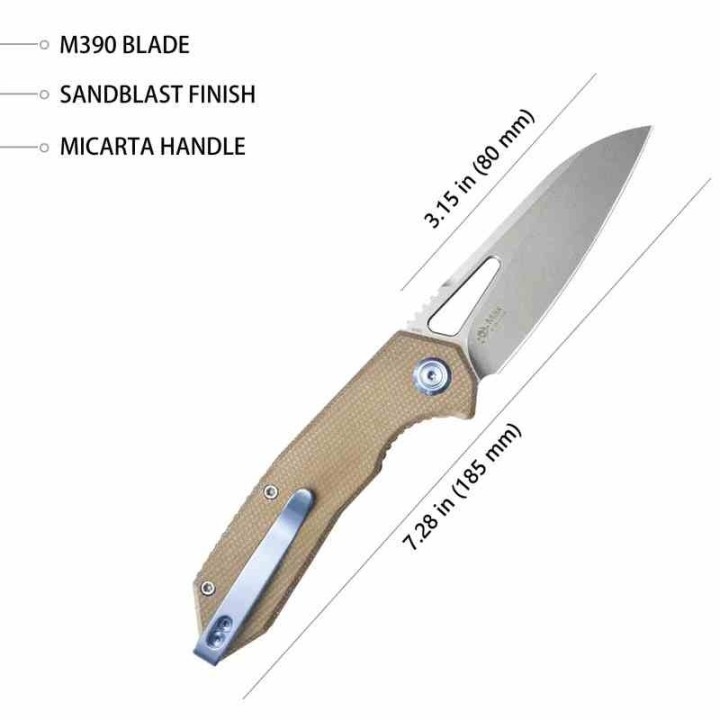 Couteau KUBEY Vagrant Tan Manche Micarta Lame Acier M390 Sandblast IKBS Linerlock Clip KUB291V - Livraison Gratuite