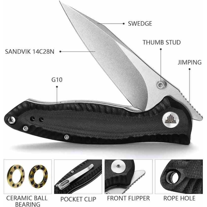 Couteau Trivisa Delphinus Black Manche G10 Lame Acier 14C28N IKBS Linerlock Clip TVTY13BG14 - Livraison Gratuite