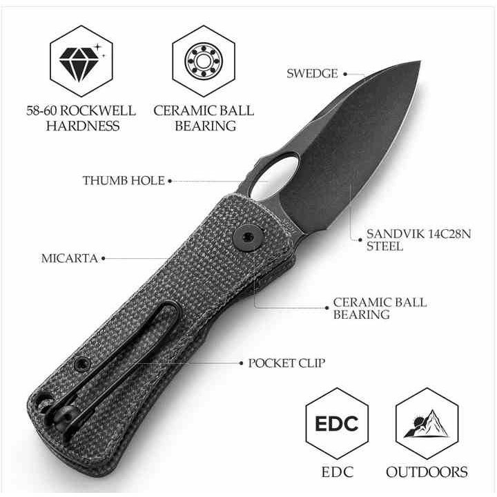 Couteau Trivisa Andromeda Black Manche Micarta Lame Acier 14C28N Blk IKBS Linerlock Clip TVTY18BM14 - Livraison Gratuite