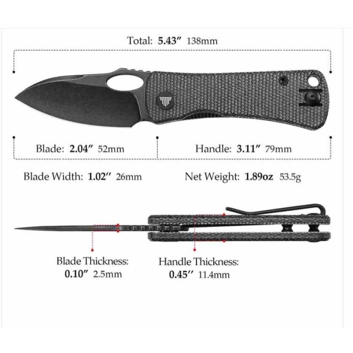 Couteau Trivisa Andromeda Black Manche Micarta Lame Acier 14C28N Blk IKBS Linerlock Clip TVTY18BM14 - Livraison Gratuite