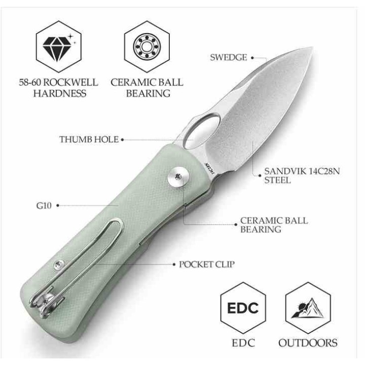 Couteau Trivisa Andromeda Jade Manche G10 Lame Acier 14C28N SW IKBS Linerlock Clip TVTY18G14 - Livraison Gratuite