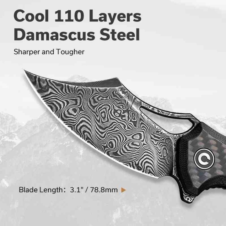 Couteau CIVIVI Chiro Black Manche G10/Carbon Fiber Lame Acier Damas Clip Point IKBS Clip CIVC23046DS1 - Livraison Gratuite