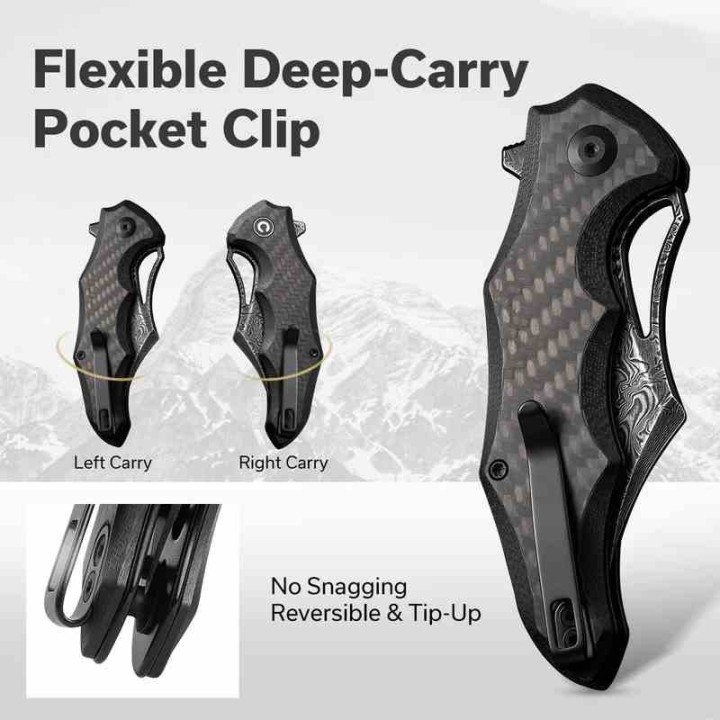 Couteau CIVIVI Chiro Black Manche G10/Carbon Fiber Lame Acier Damas Clip Point IKBS Clip CIVC23046DS1 - Livraison Gratuite