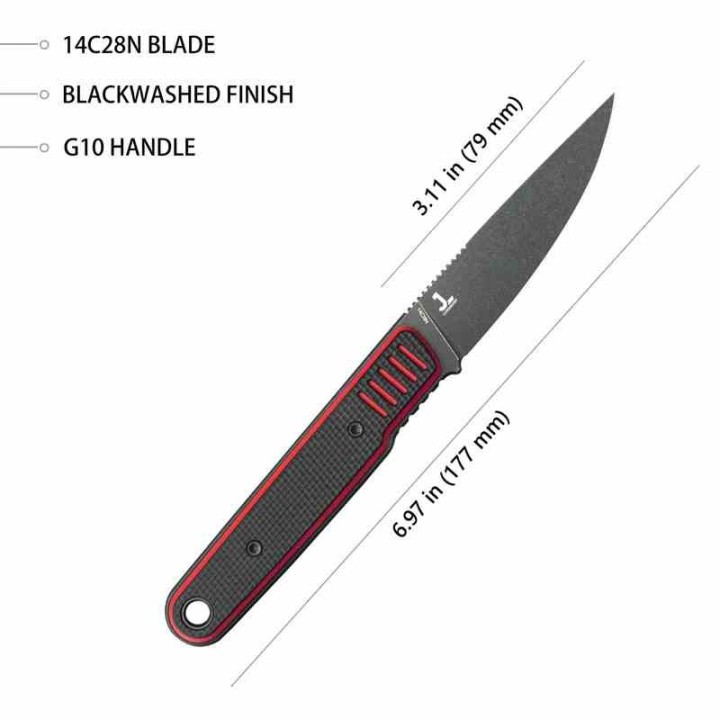 Couteau Kubey JL Fixie Red Black Manche G-10 Lame Blackwash Acier 14C28N Etui Kydex KUB356A - Livraison Gratuite