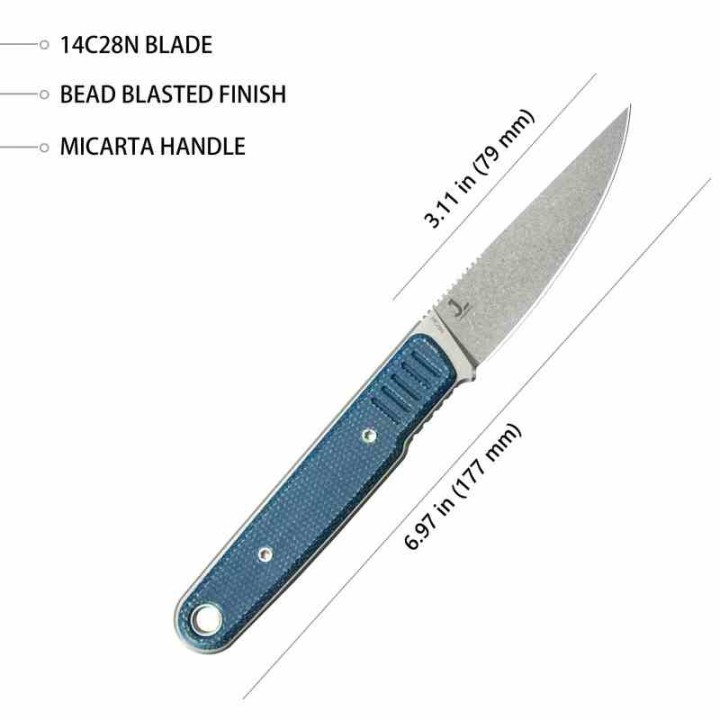 Couteau Kubey JL Fixie Blue Manche Micarta Lame Beadblast Acier 14C28N Etui Kydex KUB356B - Livraison Gratuite